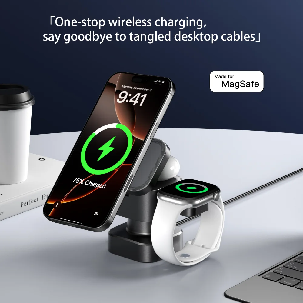 Mackertop 4-in-1 Magnetic Wireless Charging Station, 15W, ABS+PC, Multi-Device Charger for Home Use