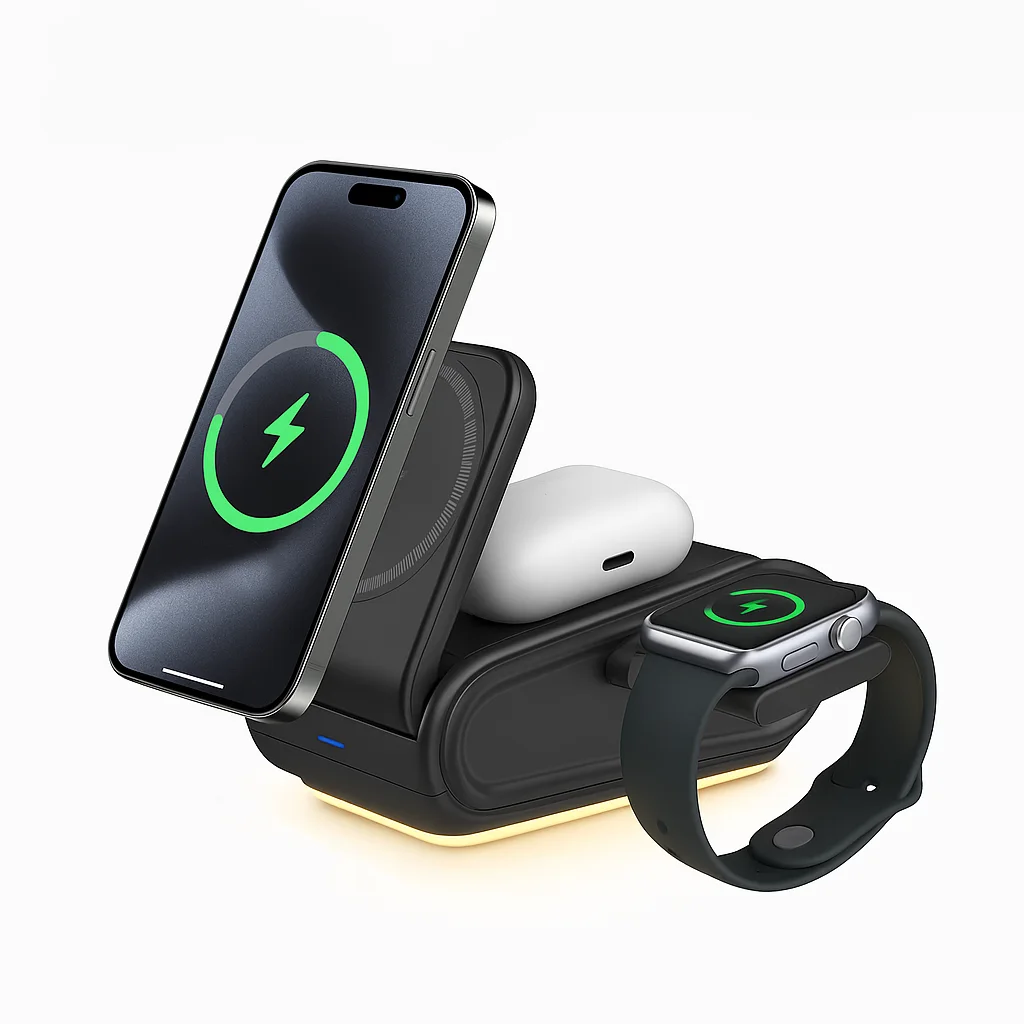 4-in-1 Wireless Fast Charging Station with Foldable Night Light and Magnetic Holder for iPhone, Earbuds, and Watch