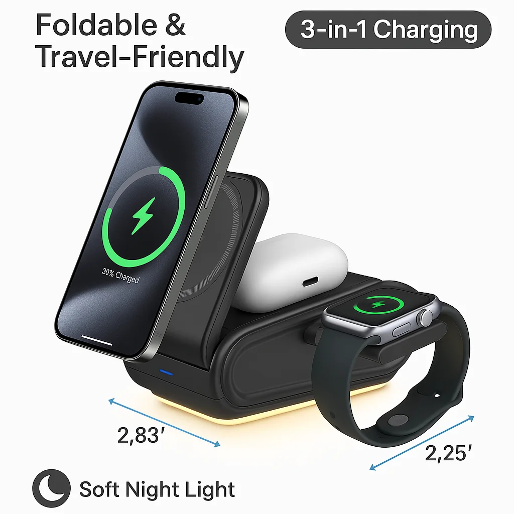 4-in-1 Wireless Fast Charging Station with Foldable Night Light and Magnetic Holder for iPhone, Earbuds, and Watch product image 2