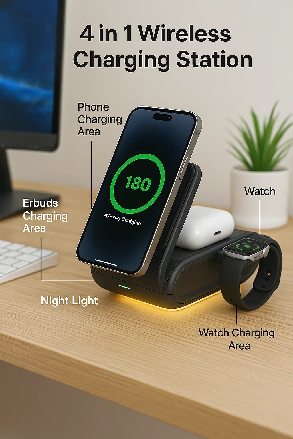 4-in-1 Wireless Fast Charging Station with Foldable Night Light and Magnetic Holder for iPhone, Earbuds, and Watch product image 4