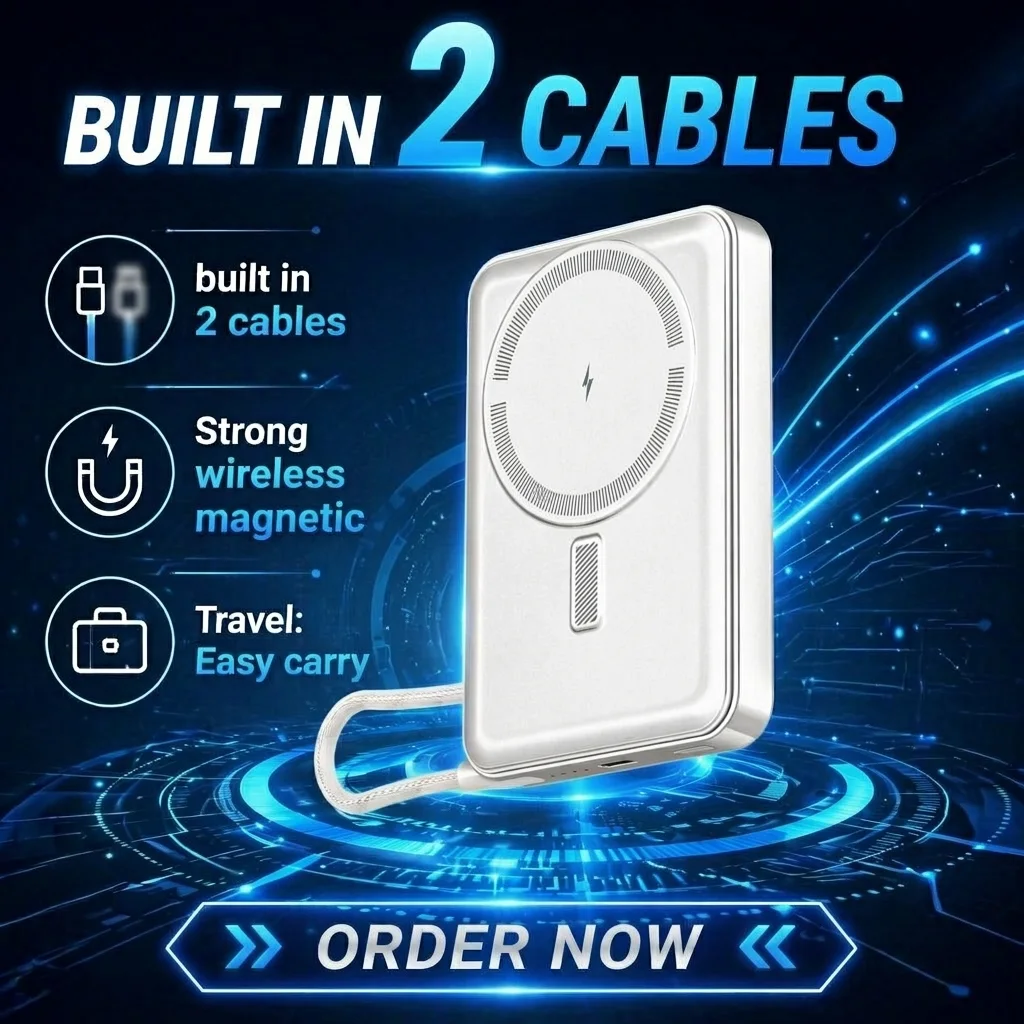10000mAh Magnetic Power Bank with Foldable Stand and Built-In Cables for Android and iPhone