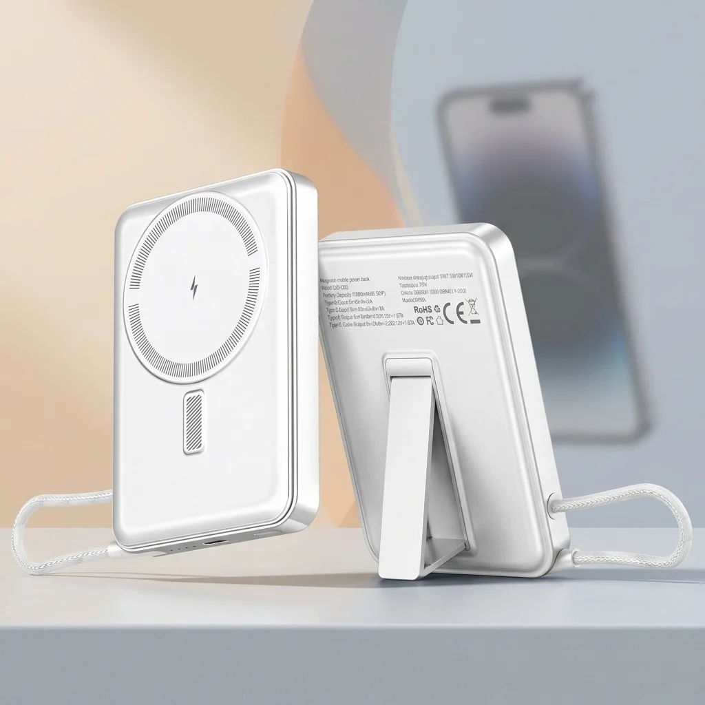 10000mAh Magnetic Power Bank with Foldable Stand and Built-In Cables for Android and iPhone product image 3