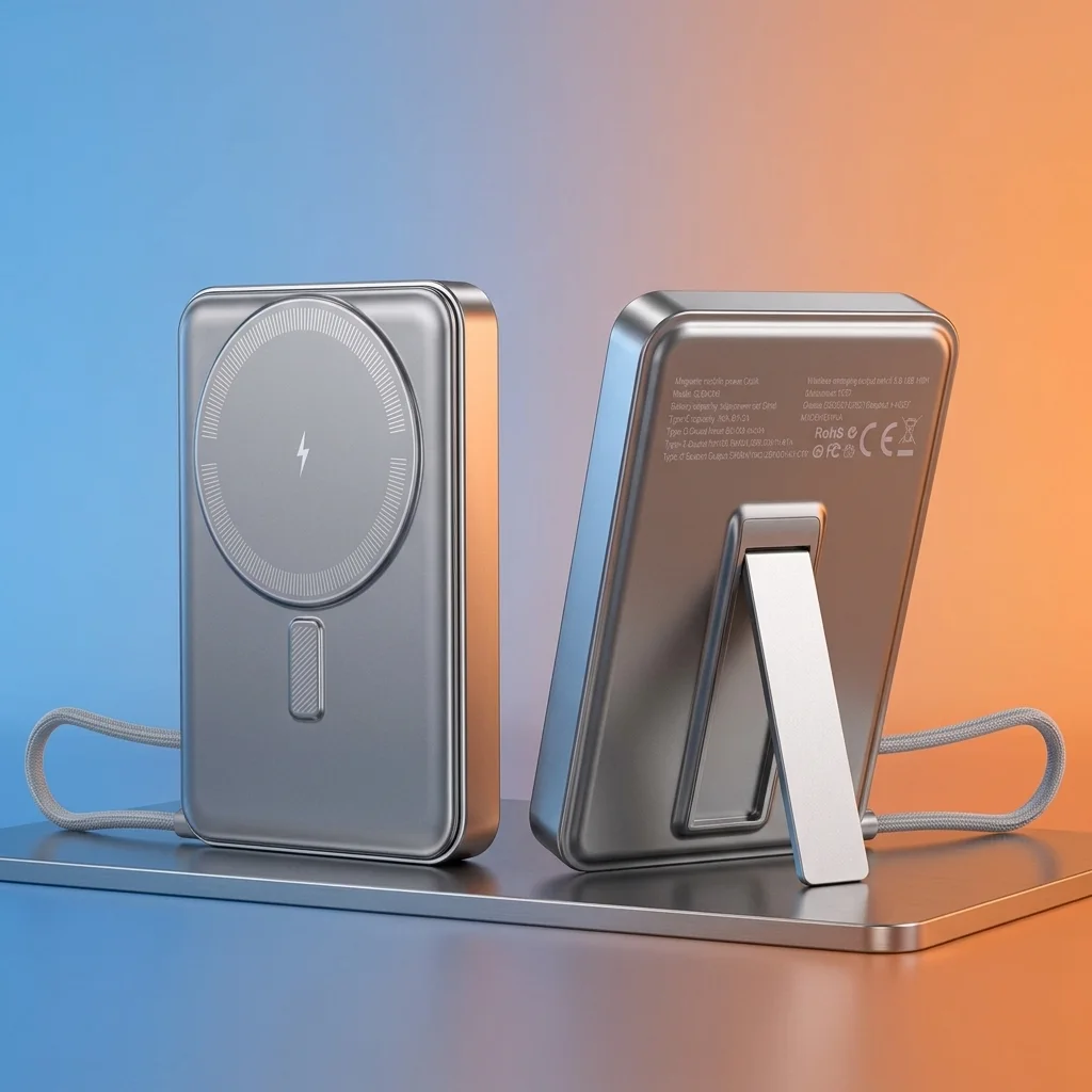 10000mAh Magnetic Power Bank with Foldable Stand and Built-In Cables for Android and iPhone product image 4