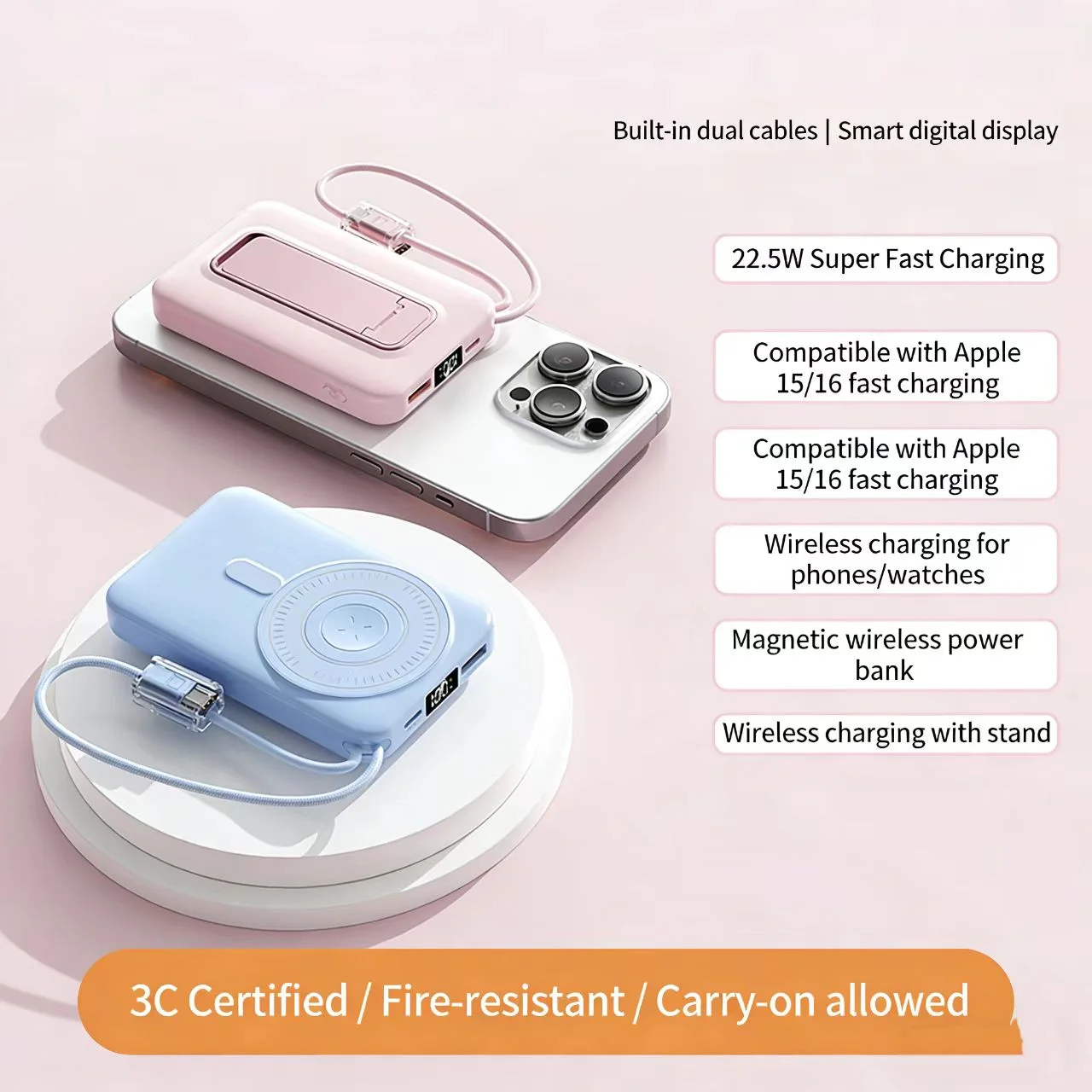 Factory 10000mAh Magnetic Wireless Power Bank 22.5W with Foldable Stand and LED Display for iPhone/Watch product image 2